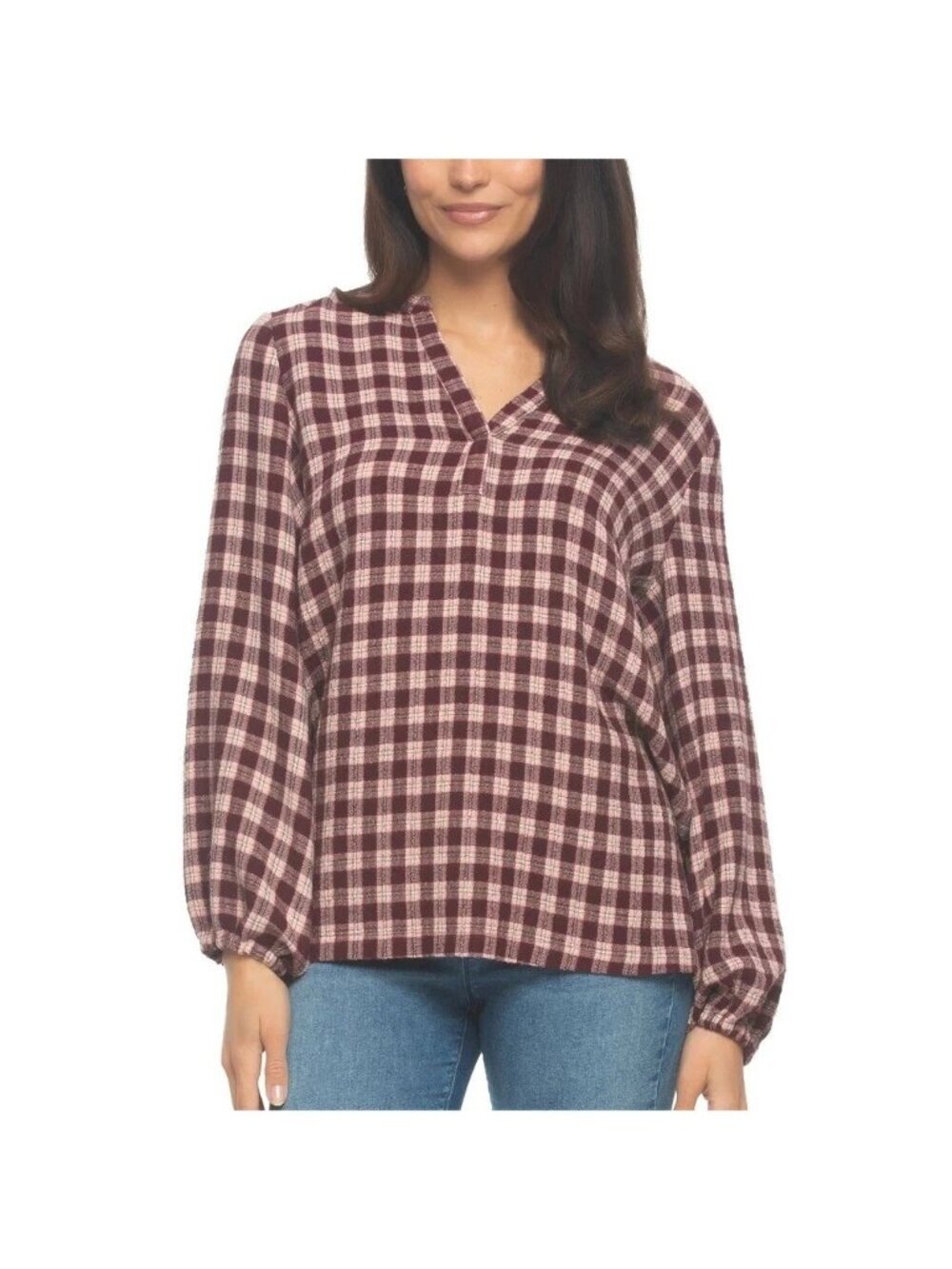 NWT Felina Women's M Burgundy & Pink Plaid V-Neck Blouse Rayon Blend B0530